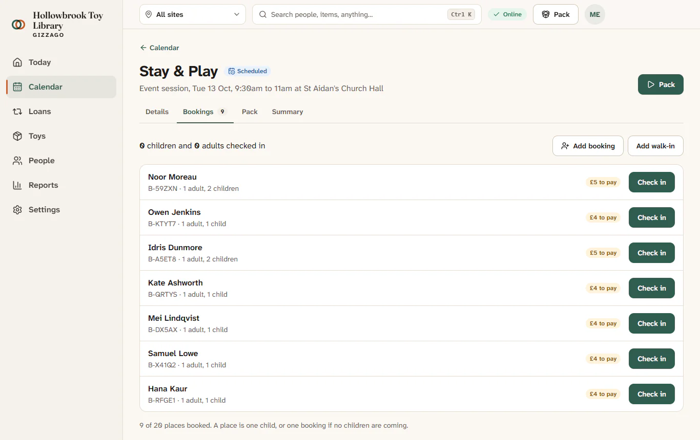 The Bookings tab of a Stay &amp; Play session, with Kate Ashworth checked in and paid in cash