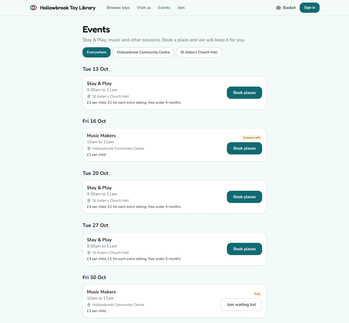 The public Events page for Hollowbrook Toy Library, listing Stay & Play and Music Makers with Book places buttons