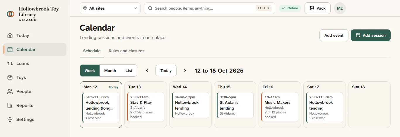 The Calendar week view for Hollowbrook Toy Library, with lending sessions at both sites and a Stay &amp; Play event