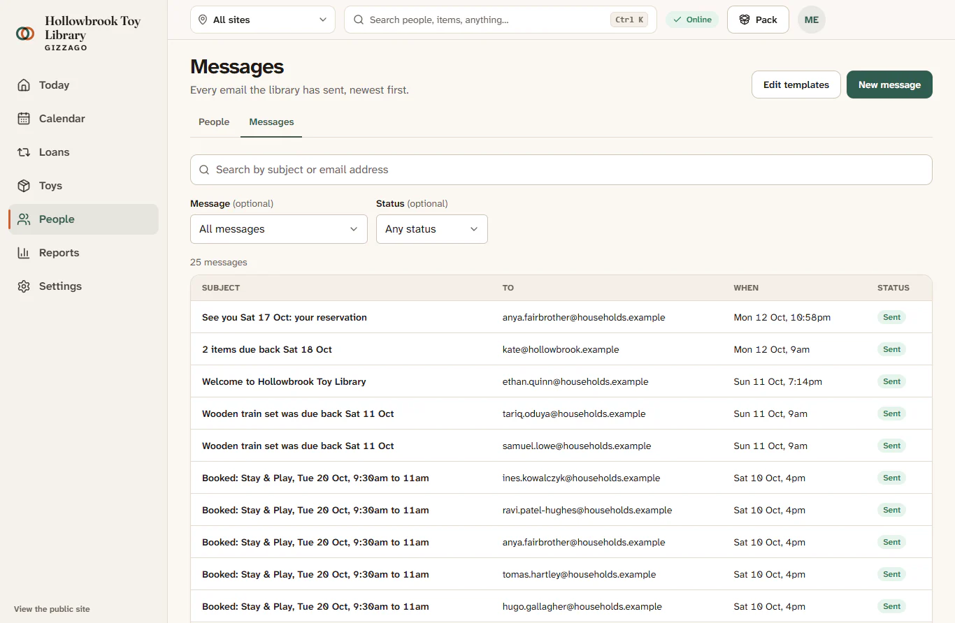 The Messages tab listing sent emails with subject, recipient, time and status