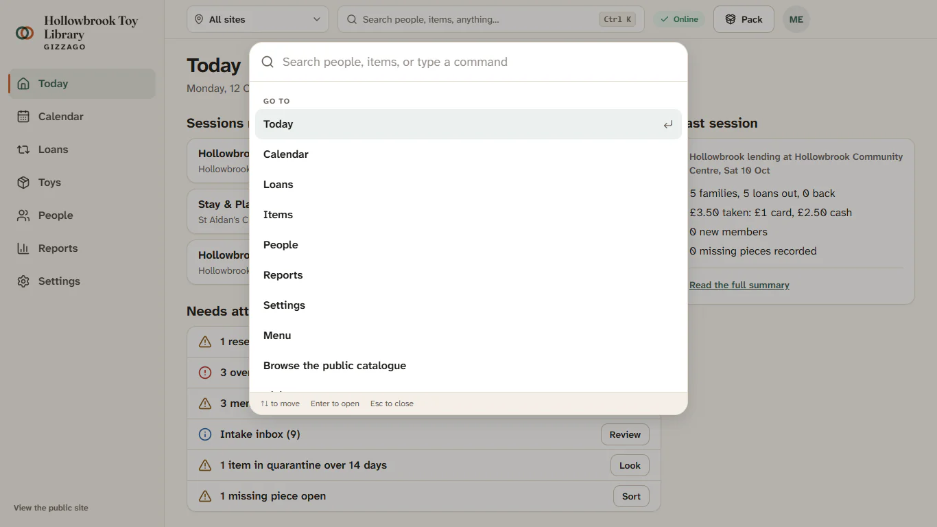 The search box open over Today, listing commands and matching records