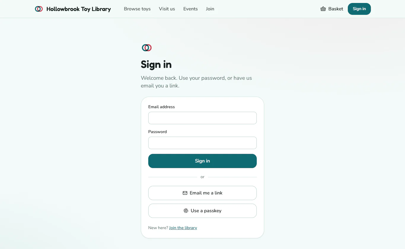 The Sign in page with email, password, and an Email me a link button