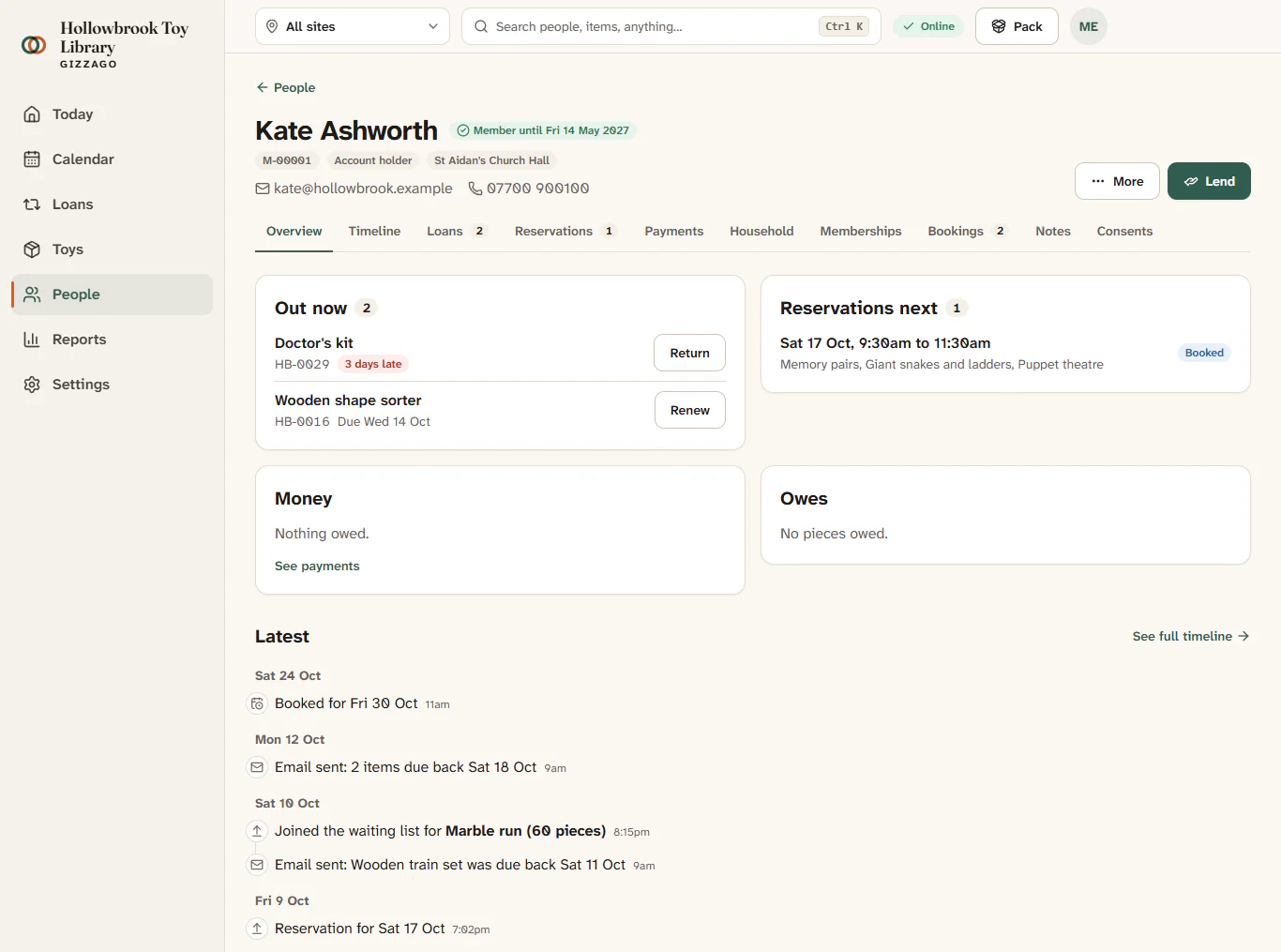 Kate Ashworth's record showing the Overview tab with Out now, Reservations next, Money and Owes