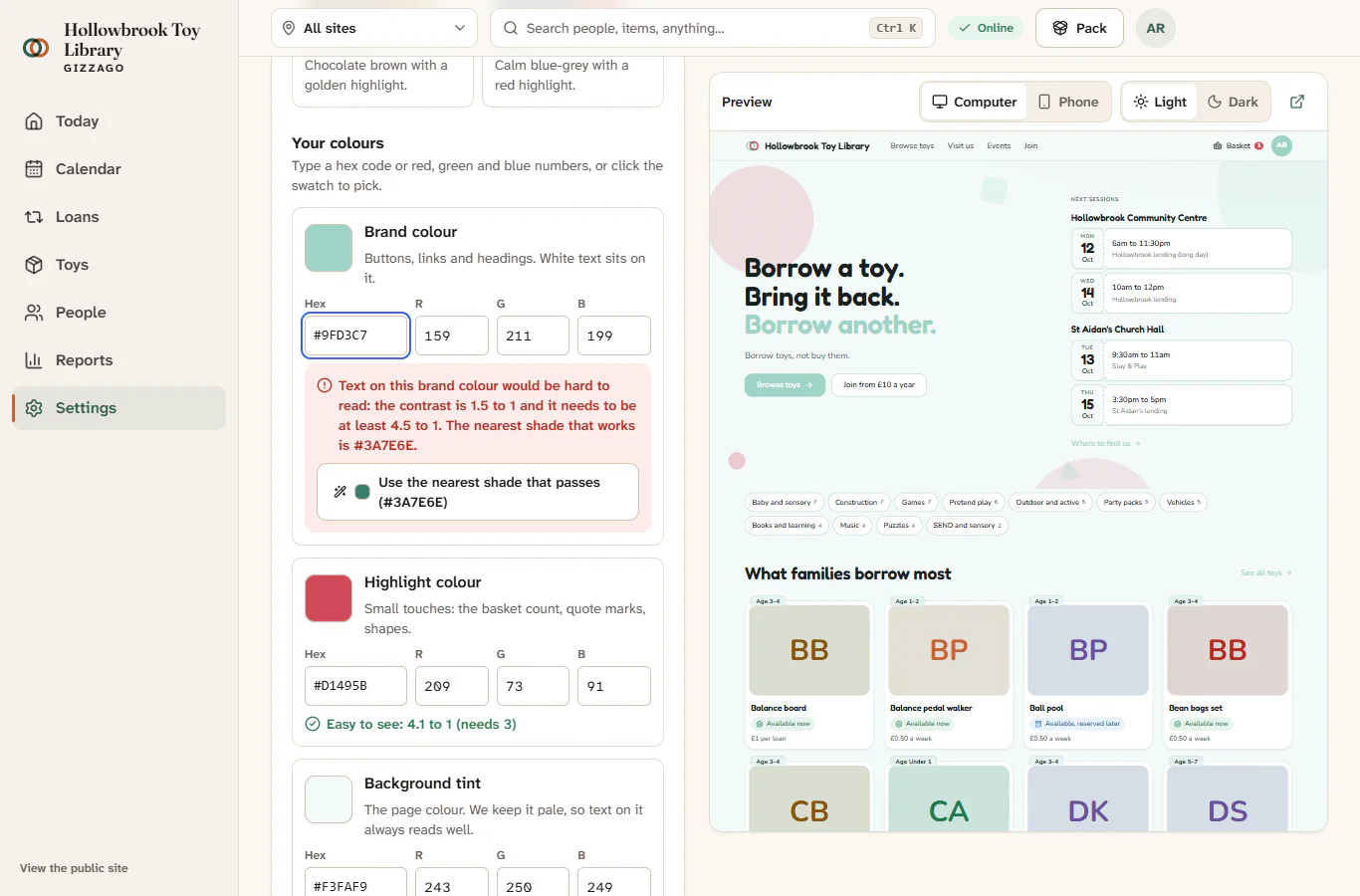 The Colours pane refusing a pale brand colour, with the button to use the nearest shade that passes
