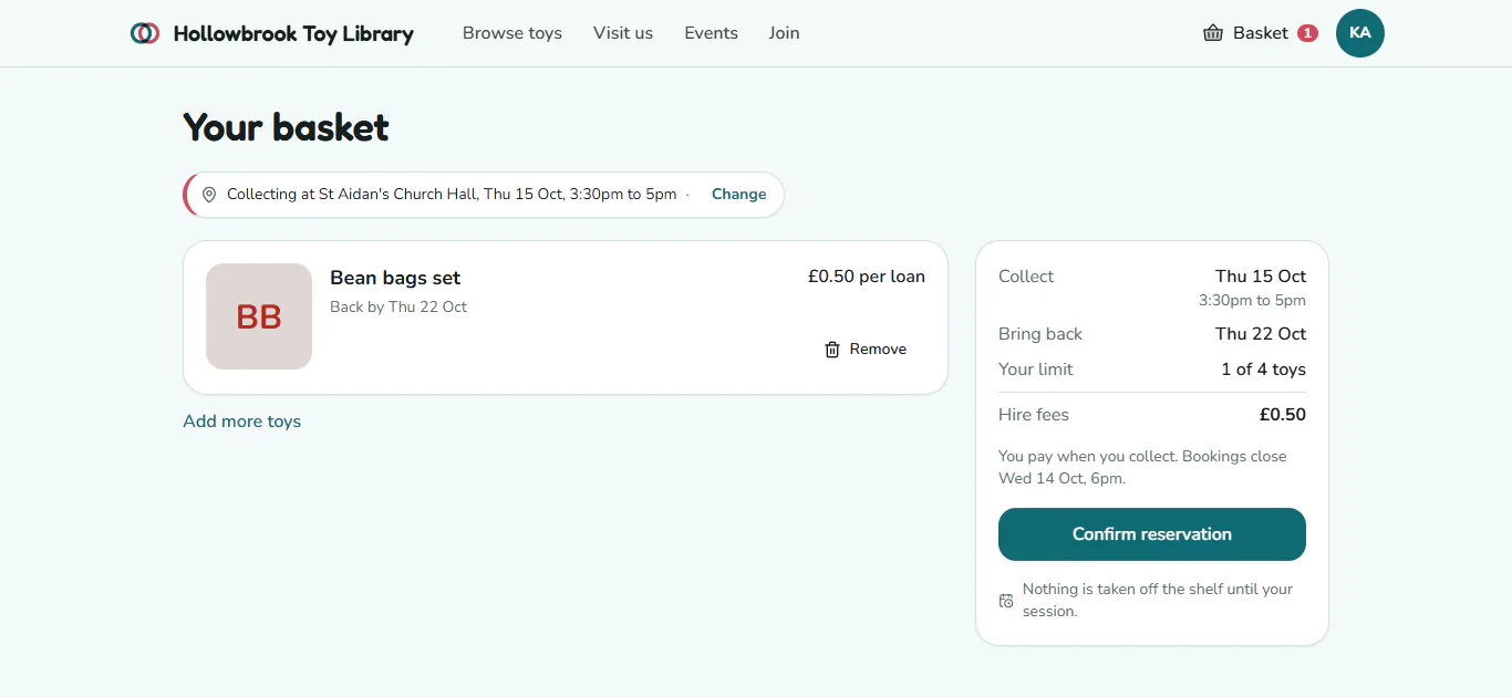 The basket showing the collection session, two toys with their return dates, and the Confirm reservation button
