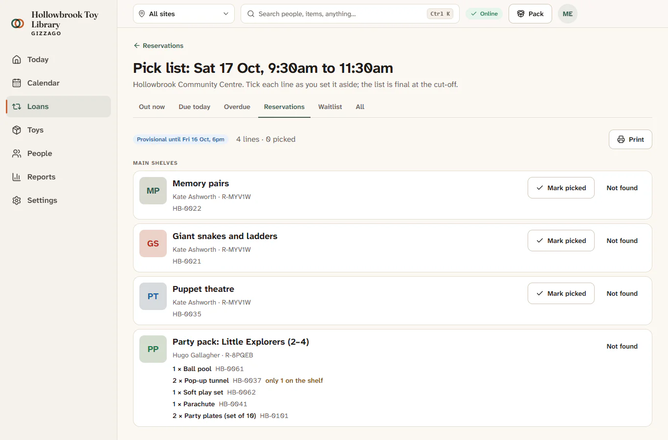 A pick list for a Saturday session, grouped by shelf, with Mark picked and Not found on each line
