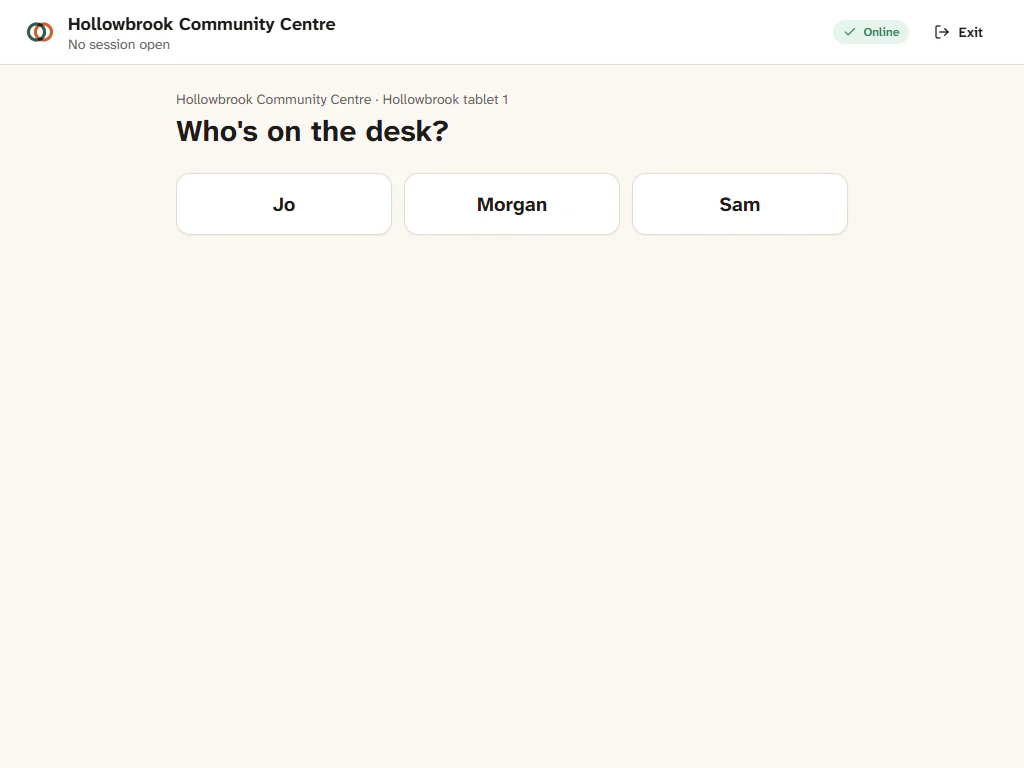 The volunteer picker on a desk tablet, asking who's on the desk