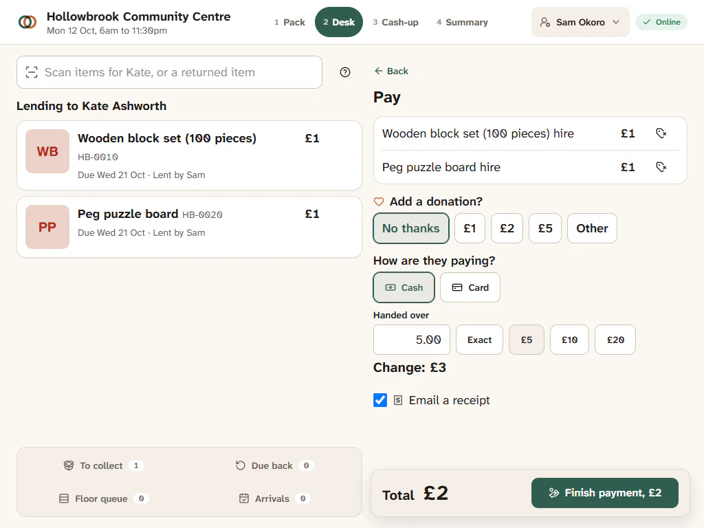 The Pay panel with two hire fees, a donation prompt and cash with change shown