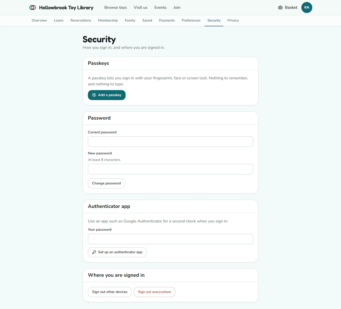 The Security page with sections for Passkeys, Password, Authenticator app and Where you are signed in