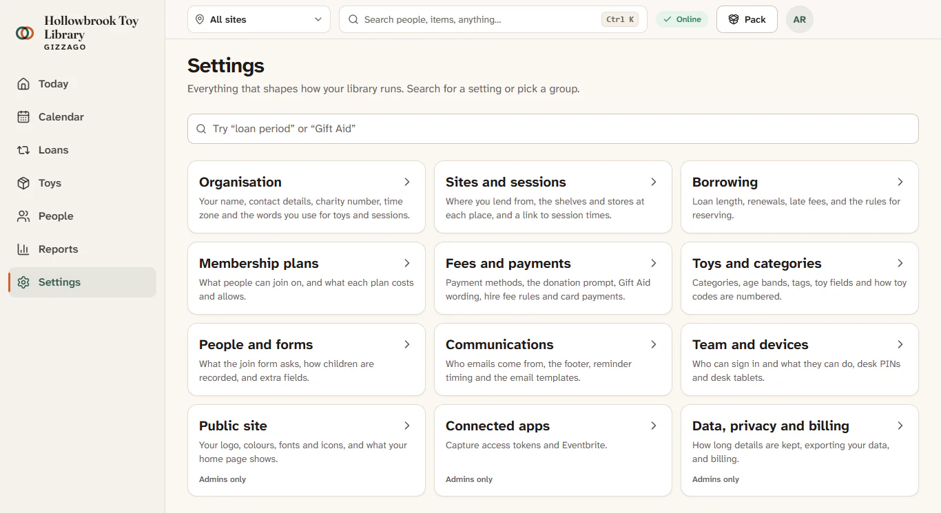The Settings page for Hollowbrook Toy Library, with the search box and twelve groups