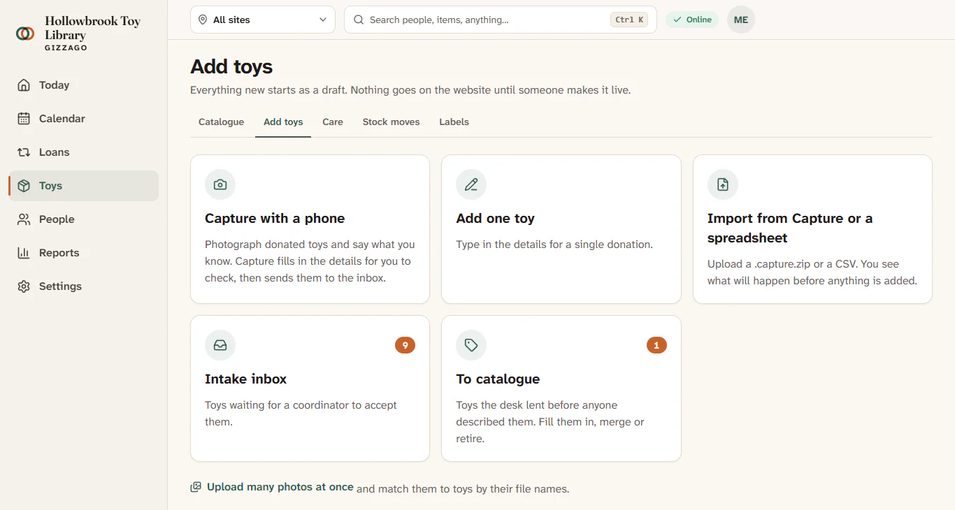 The Add toys page, with cards for Capture with a phone, Add one toy, Import from Capture or a spreadsheet, Intake inbox and To catalogue