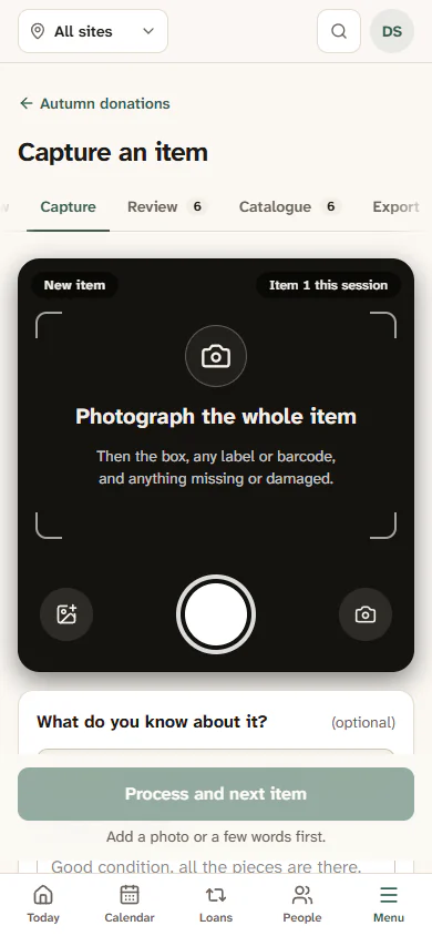 The Capture screen on a phone, with the camera view, the photos of this item, the note box and the Process and next item button
