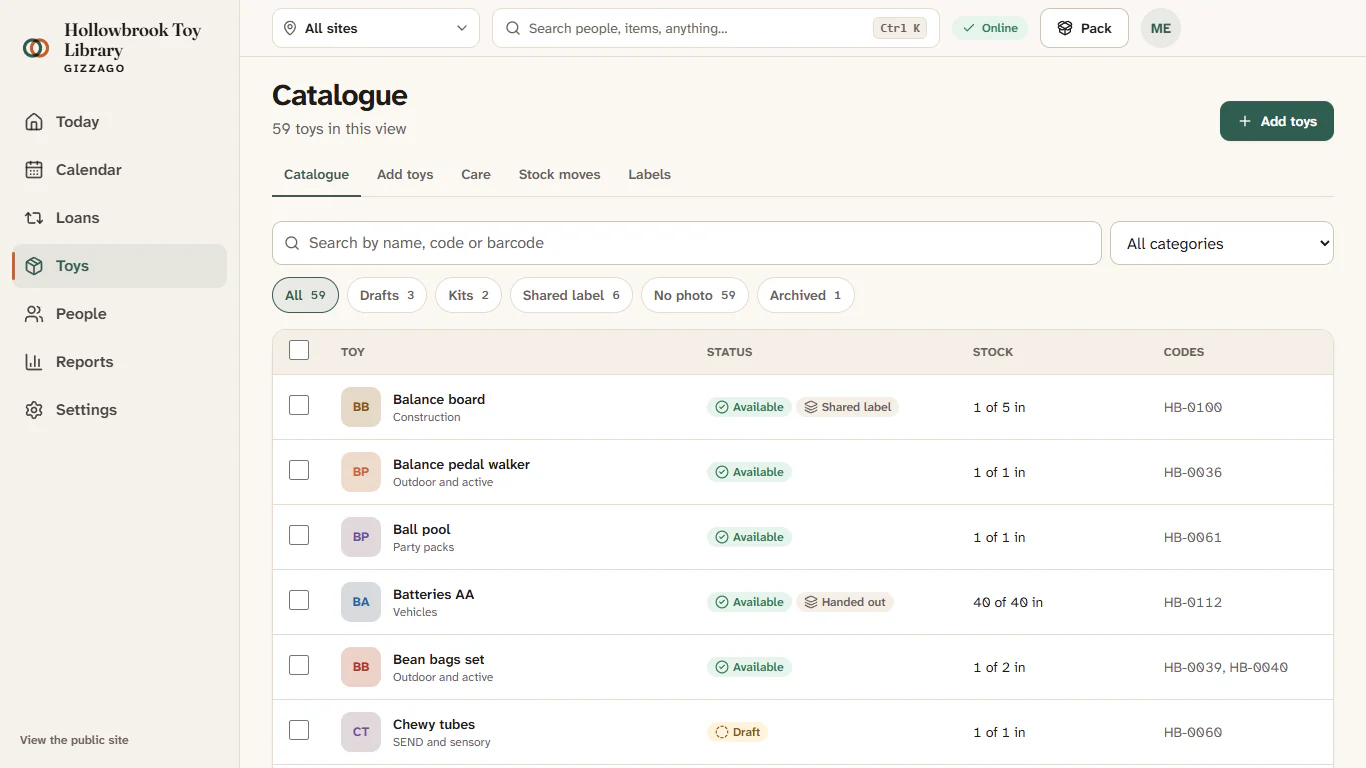 The staff catalogue, with the search box, the category menu, the view chips and a list of toys with their stock and codes