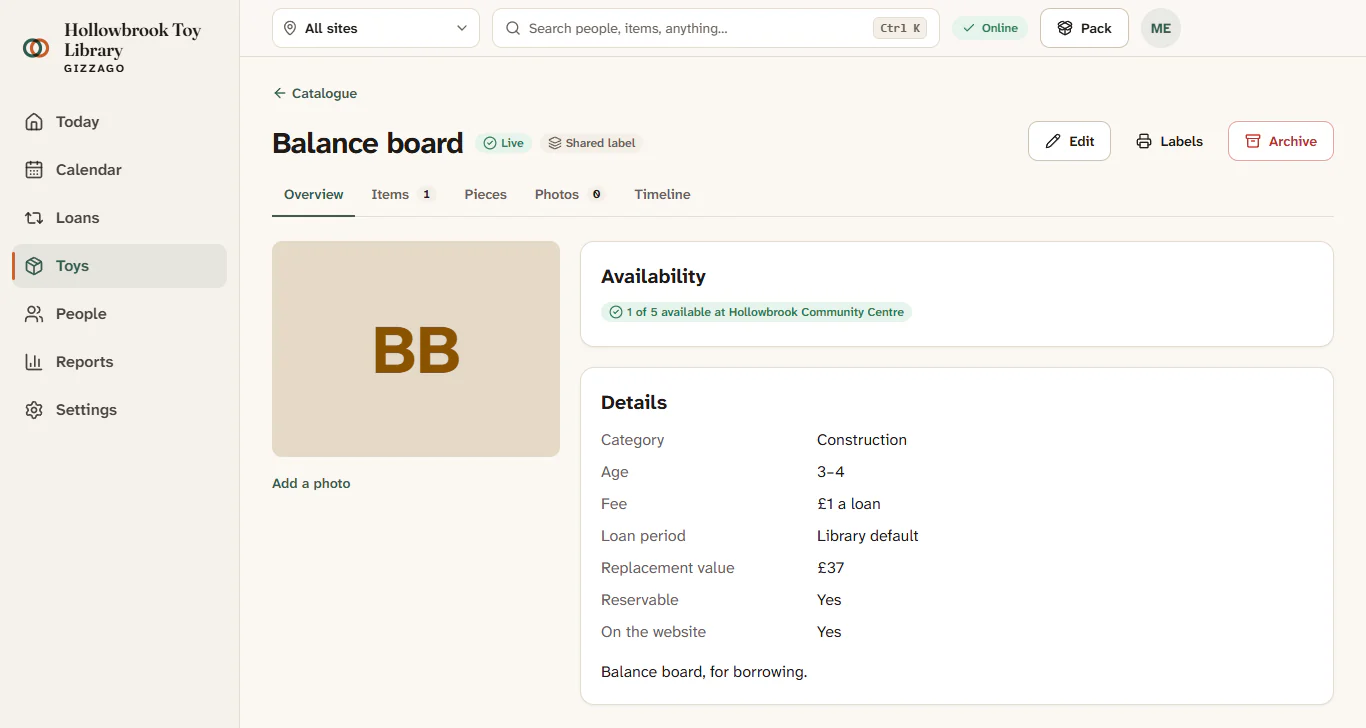 A toy page with the header buttons, the tabs, and the Availability and Details cards